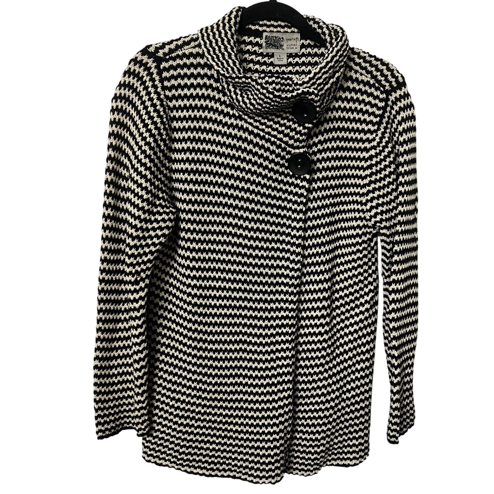 Habitat Clothes to Live In Womens Large Black White Cotton Knit Button Cardigan
